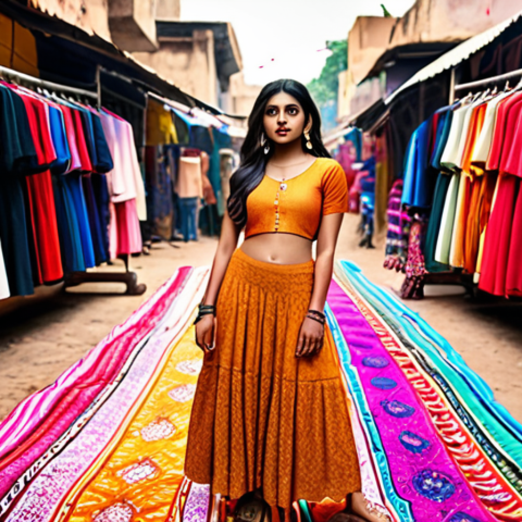 A vibrant, eye-catching digital advertisement on Instagram featuring an Indian influencer promoting a new brand of sustainable clothing, with the caption emphasizing ethical production and eco-friendly materials. The background shows a bustling Indian marketplace scene subtly blurred.