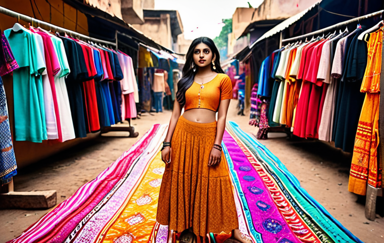 A vibrant, eye-catching digital advertisement on Instagram featuring an Indian influencer promoting a new brand of sustainable clothing, with the caption emphasizing ethical production and eco-friendly materials. The background shows a bustling Indian marketplace scene subtly blurred.