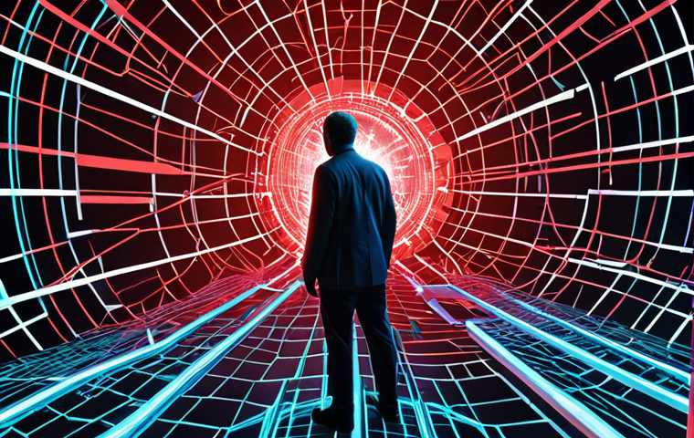 A dynamic, high-stakes scene depicting the complex landscape of modern digital advertising. In the foreground, a vigilant professional figure (representing an advertising agency) stands amidst a glowing, intricate digital environment. This environment is a "minefield" of abstract dangers: shimmering red zones symbolizing copyright infringement, distorted data streams representing data breaches, shadowy figures for online defamation, and fragmented, fast-moving digital shards signifying misinformation. The overall atmosphere is futuristic and vigilant, with neon accents and complex network lines, emphasizing the constant need for risk management and awareness in the digital advertising world. High detail, vibrant colors, wide shot.