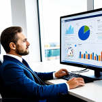 A focused professional marketing specialist, fully clothed in a modest business suit, seated at a sleek, modern desk in a well-lit, contemporary office. The computer monitor displays diverse data analytics charts and various social media platform icons, symbolizing market research and specialization. A clear whiteboard in the background shows a brainstormed strategy. Perfect anatomy, correct proportions, natural pose, well-formed hands, proper finger count, natural body proportions, professional photography, high quality, safe for work, appropriate content, professional dress, family-friendly.