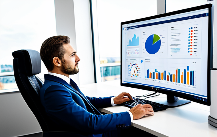 A focused professional marketing specialist, fully clothed in a modest business suit, seated at a sleek, modern desk in a well-lit, contemporary office. The computer monitor displays diverse data analytics charts and various social media platform icons, symbolizing market research and specialization. A clear whiteboard in the background shows a brainstormed strategy. Perfect anatomy, correct proportions, natural pose, well-formed hands, proper finger count, natural body proportions, professional photography, high quality, safe for work, appropriate content, professional dress, family-friendly.