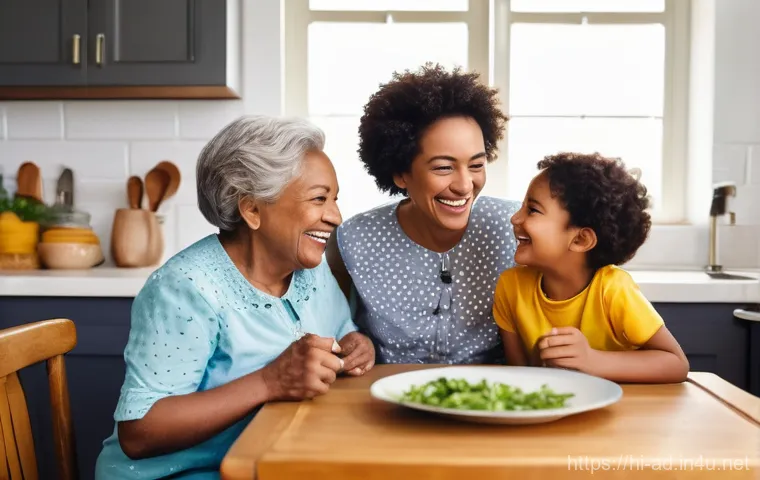 광고홍보사와 제품 광고의 감정적 요소 - **Prompt 1: "A heartwarming scene of a diverse family (parents, two children aged 5 and 8, and an el...