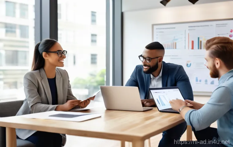 광고홍보사와 성공적인 광고 구성 요소 - "A diverse team of advertising professionals, fully clothed in modern business casual attire, are ac...