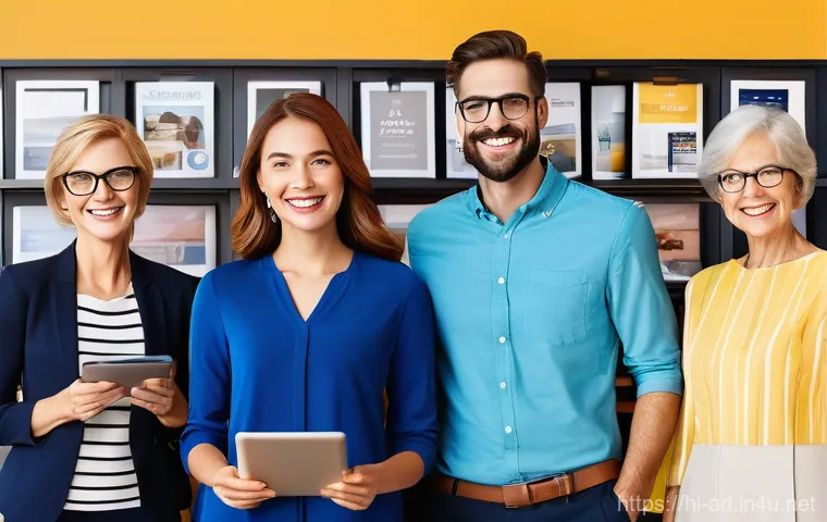 광고홍보사와 광고 성과 최적화 - **Subject:** A diverse group of smiling individuals, ranging from young adults to seniors, dressed i...