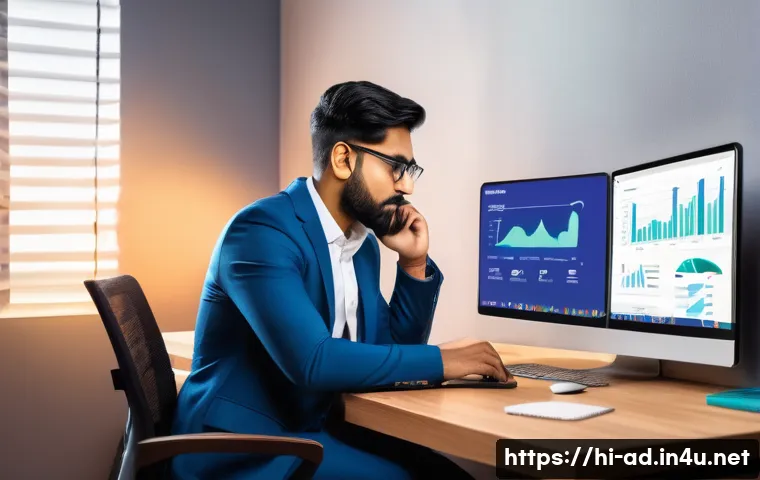 광고홍보사와 퍼포먼스 마케팅 - A vibrant digital marketing workspace featuring a young Indian professional analyzing audience data ...