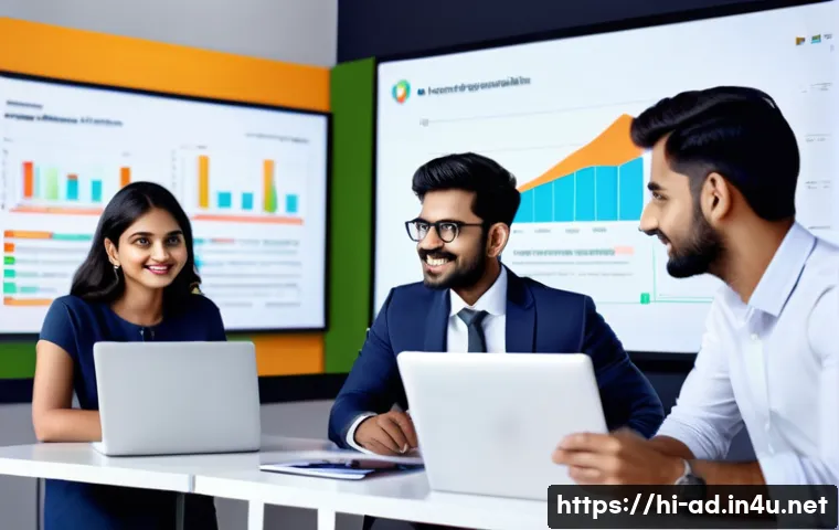 광고홍보사와 광고 시장 세분화 분석 - A vibrant digital marketing office scene featuring a diverse Indian advertising team analyzing demog...