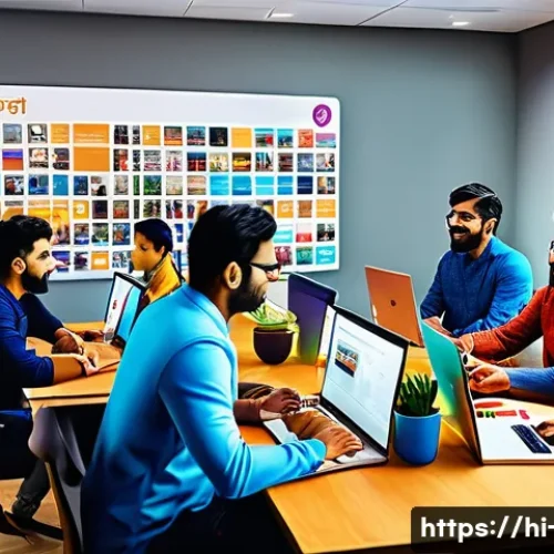 광고홍보사와 주요 광고 회사 사례 - A vibrant digital marketing office scene featuring diverse Indian advertising professionals collabor...
