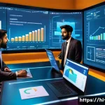 광고홍보사와 혁신적 광고 기획 사례 - A vibrant digital marketing office scene focused on AI-driven advertising strategies, showing a dive...