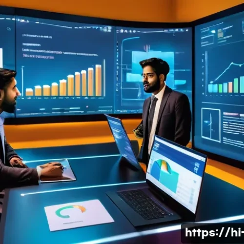 광고홍보사와 혁신적 광고 기획 사례 - A vibrant digital marketing office scene focused on AI-driven advertising strategies, showing a dive...