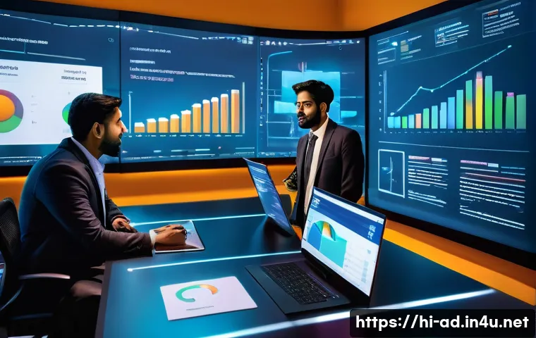 광고홍보사와 혁신적 광고 기획 사례 - A vibrant digital marketing office scene focused on AI-driven advertising strategies, showing a dive...