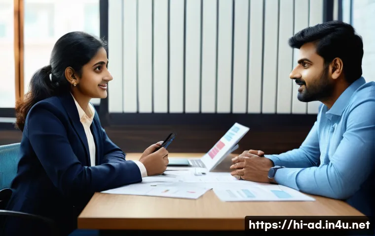 광고홍보사와 고객 중심 광고 캠페인 - A modern Indian marketing professional, mid-30s, engaged in a face-to-face conversation with a Hindi...