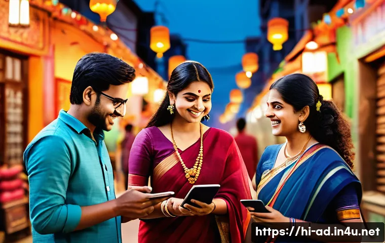광고홍보사와 글로벌 광고 성공 사례 - A vibrant digital marketing scene showing a diverse Indian audience engaging with localized advertis...
