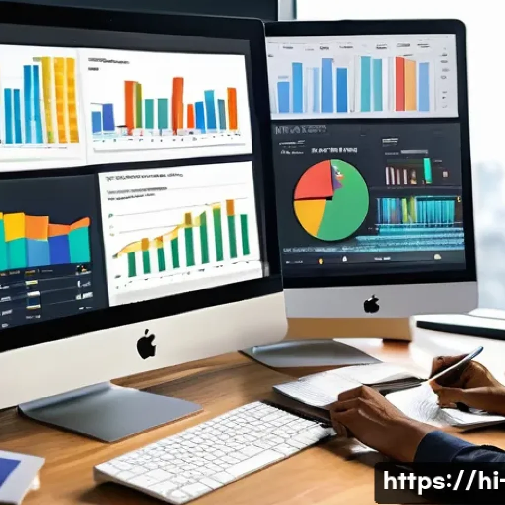 광고홍보사와 기업 광고 데이터 분석 - A detailed digital marketing analytics workspace showing a large computer screen with a colorful Goo...