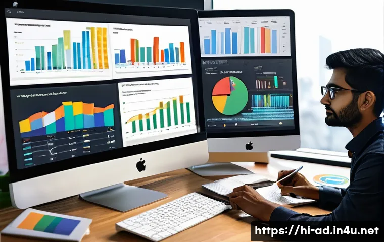 광고홍보사와 기업 광고 데이터 분석 - A detailed digital marketing analytics workspace showing a large computer screen with a colorful Goo...