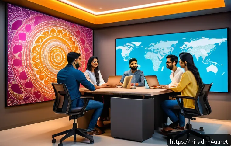 광고홍보사와 혁신적인 광고 디자인 - A vibrant digital marketing scene featuring a diverse group of young Hindi-speaking professionals an...