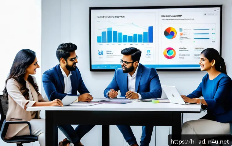 광고홍보사와 네트워크 마케팅 광고 - A modern digital marketing office scene featuring diverse Indian professionals collaborating around ...