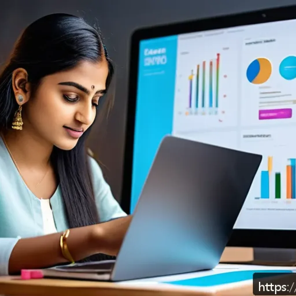 광고홍보사 취업 성공 사례 - A vibrant digital workspace scene showing a young Indian professional woman creating a digital marke...