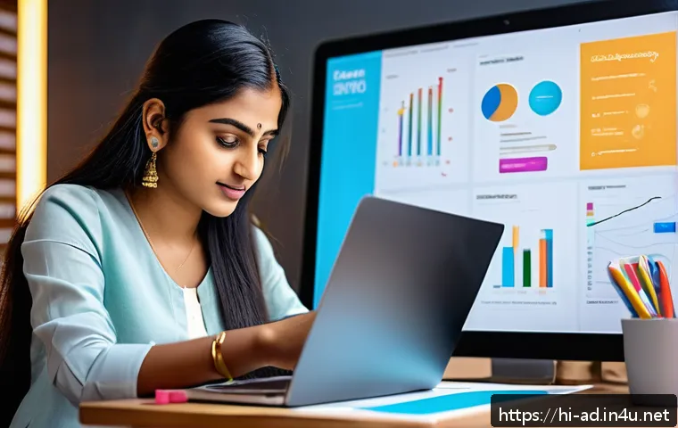 광고홍보사 취업 성공 사례 - A vibrant digital workspace scene showing a young Indian professional woman creating a digital marke...