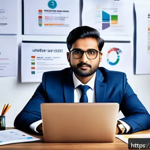 Home 33 광고홍보사와 멘토링 프로그램 - A professional Indian man in formal office attire, sitting confidently at a modern desk with a lapto...