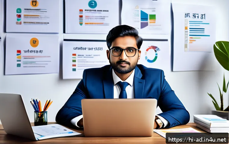 광고홍보사와 멘토링 프로그램 - A professional Indian man in formal office attire, sitting confidently at a modern desk with a lapto...