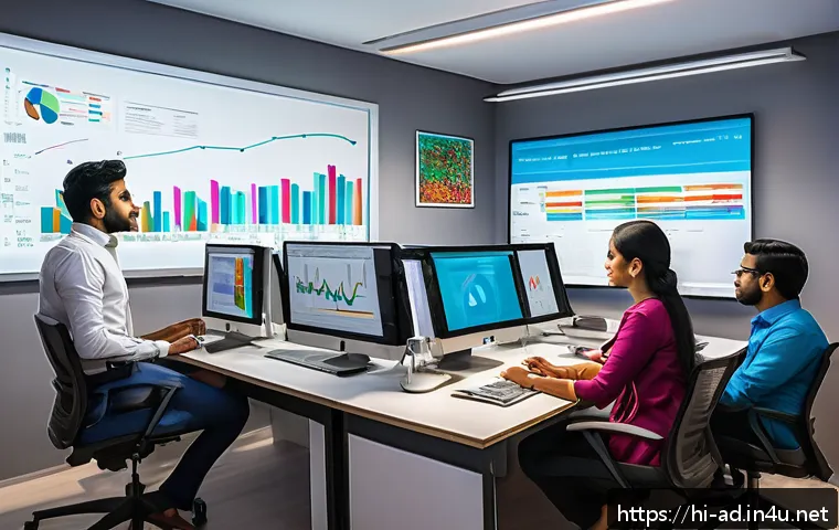 광고홍보사와 브랜드 캠페인 ROI 분석 - A vibrant digital marketing office scene featuring a diverse Indian marketing team analyzing colorfu...
