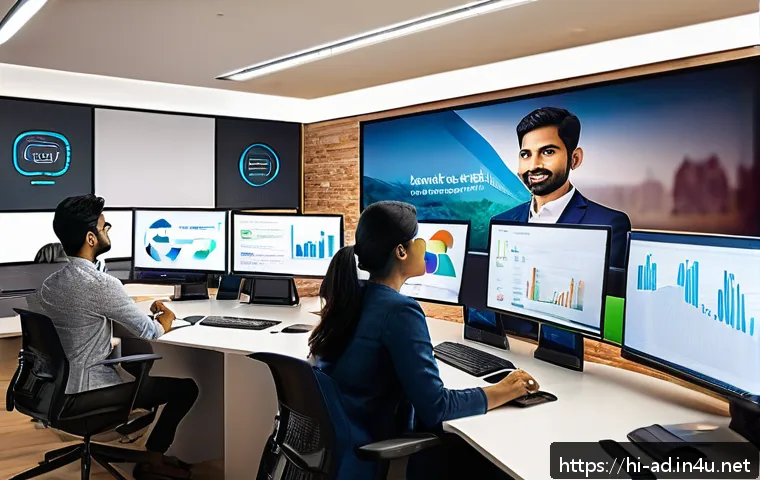 광고홍보사와 고객 유지 전략 - A modern Indian digital marketing office scene, featuring a diverse team of professionals analyzing ...